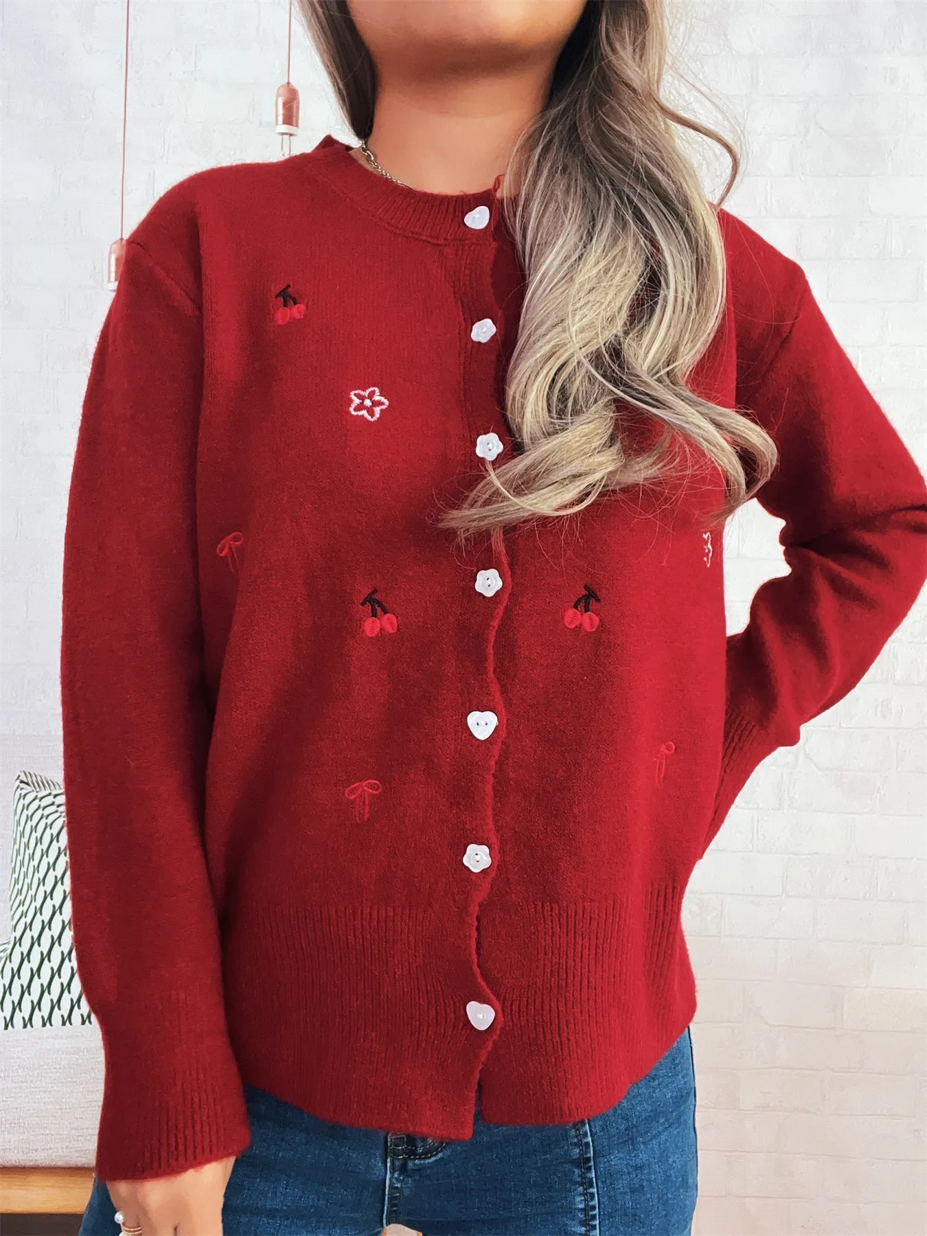 Women's Cardigan Ribbed Button-Front Knit Embroidered Long Sleeve 6cca9d9105464f34b26d356d8651b433-Max-Origin Trendsi