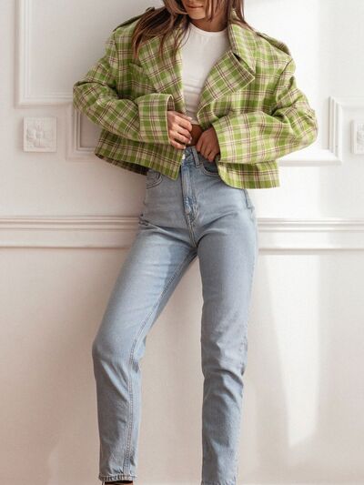 Plaid Cropped Women's Jacket Lapel Collar Single Breasted Long Sleeve Outwear 6ccd73fa-99c8-4c23-a1f9-cf86d4bad0ee-Min Trendsi