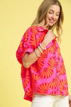 Umgee Shirt Hot Pink Floral Printed Button-Up Relaxed Short Sleeve Top 6ccf1d17-8a1c-4060-b113-1610a3cbce5b-Max-Origin Trendsi