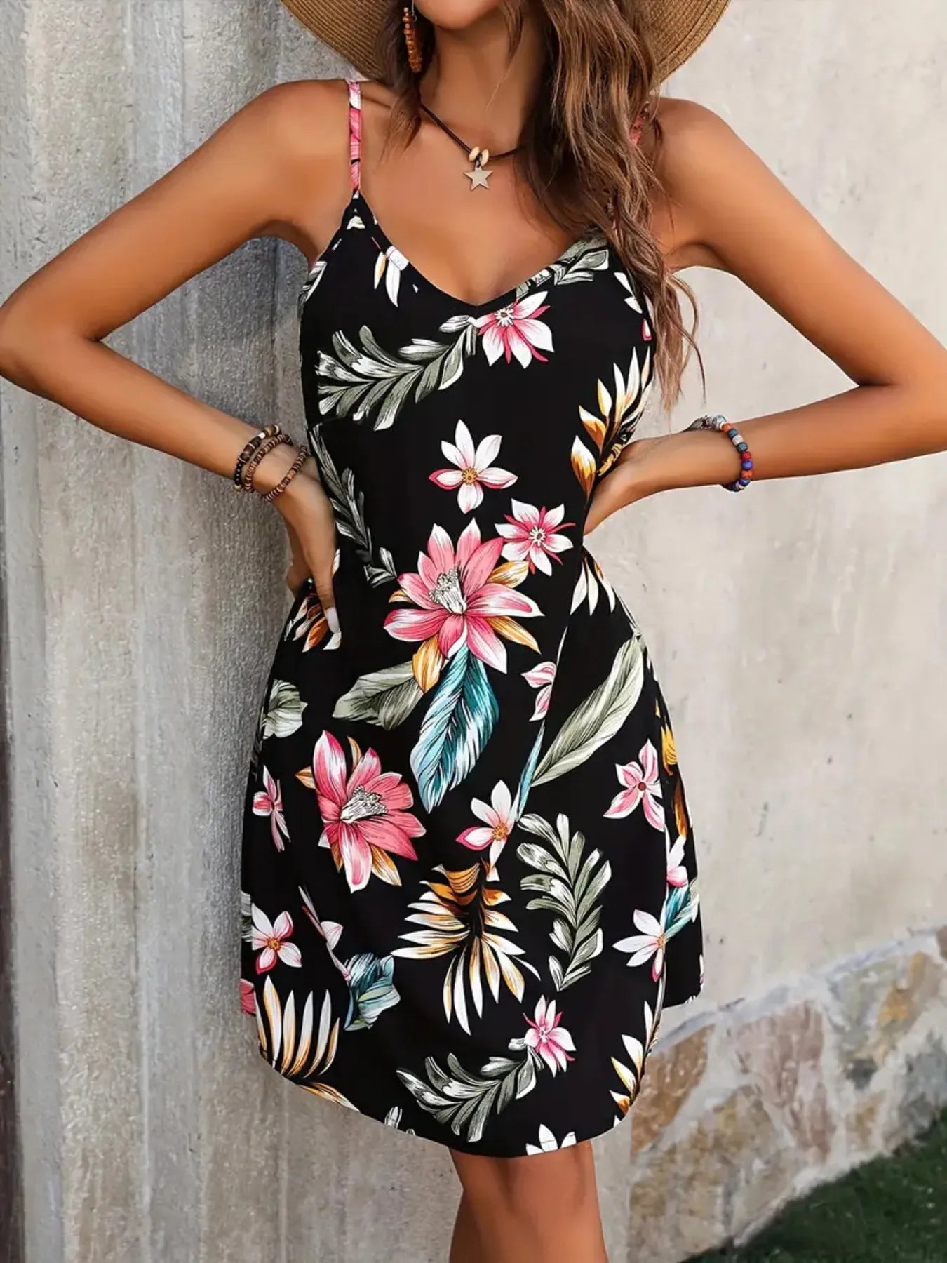 Floral Cami Short Dress Plus Size Printed V-Neck Strappy 1XL-5XL 6ccf7a5da5d64442be53acf6c310a85f-Max-Origin Trendsi