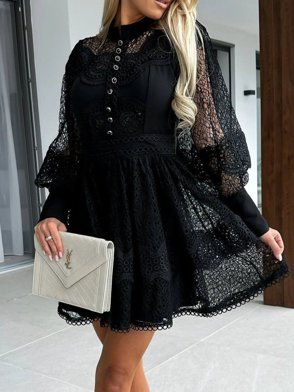 Mini Dress Floral Lace Lantern Long Sleeve Pearl Button High Neck Ruffled 6cd759fa-7622-4d0a-b47d-c6af8786f223-Max-Origin Trendsi