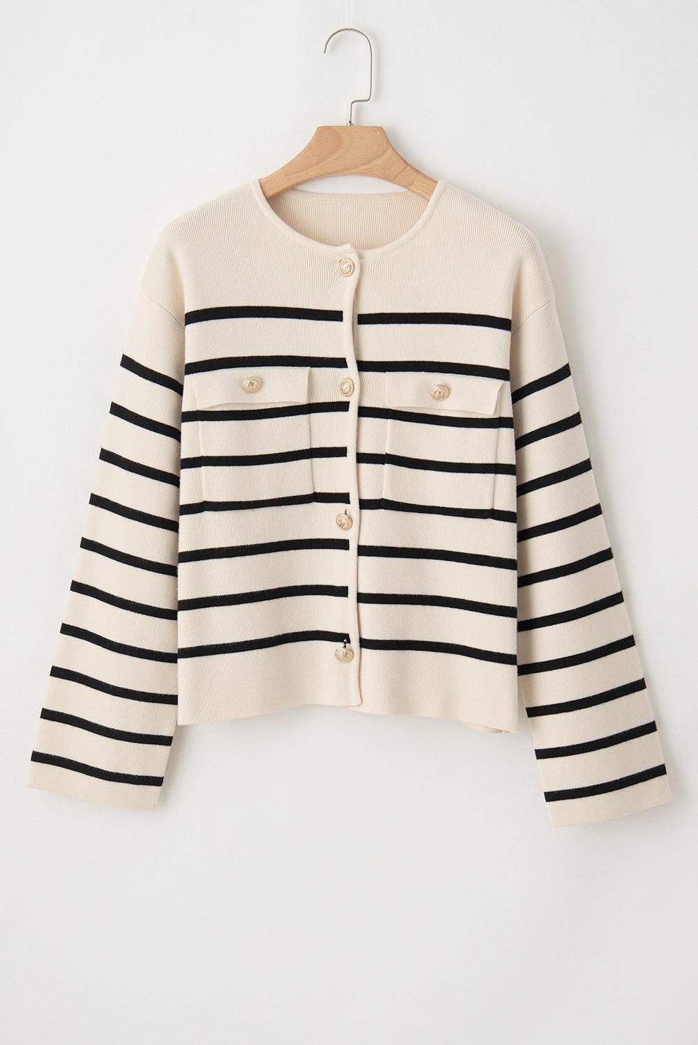 Striped Knit Cardigan Button Up Round Neck Flap Pockets 6cda030c-41af-4298-a8d8-bdf5d3cc316d-Max Trendsi