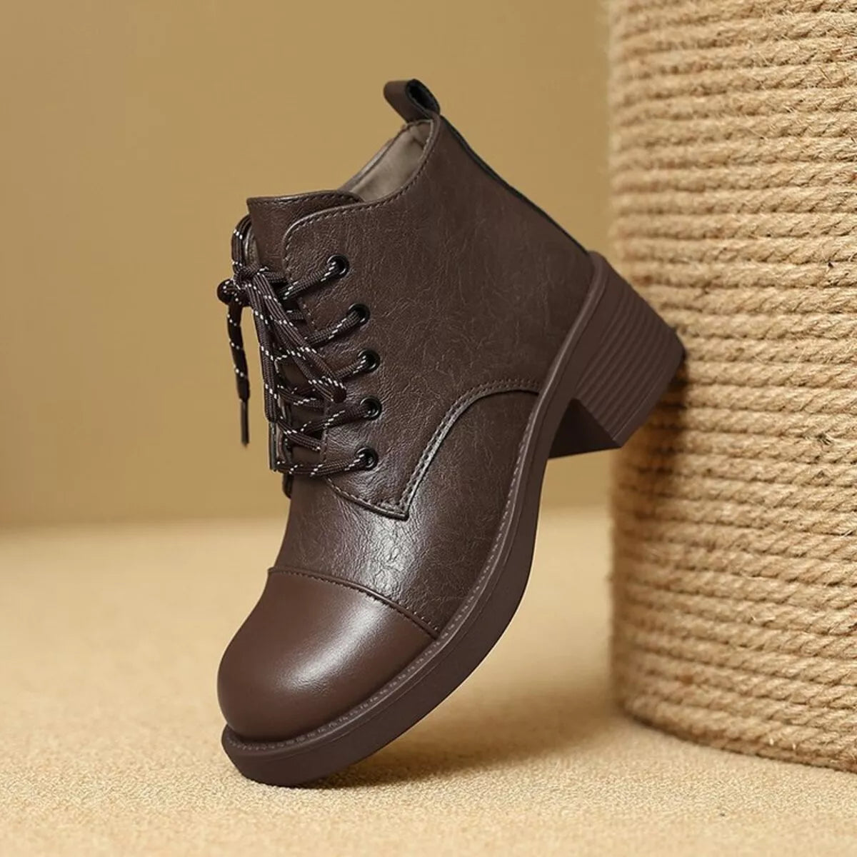 Women's Ankle Boots Pu Leather Round Toe Block Mid Heels Shoes Brown 6ce4b81505504944bea5504bcedc09e1-Max-Origin Trendsi