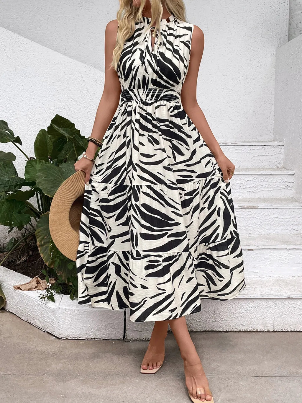 Midi Dress Zebra Printed Notched Sleeveless Pocketed Ealstic Waist 6cea494f-efc0-4f1a-9844-889b1bbedd1e-Max-Origin Trendsi