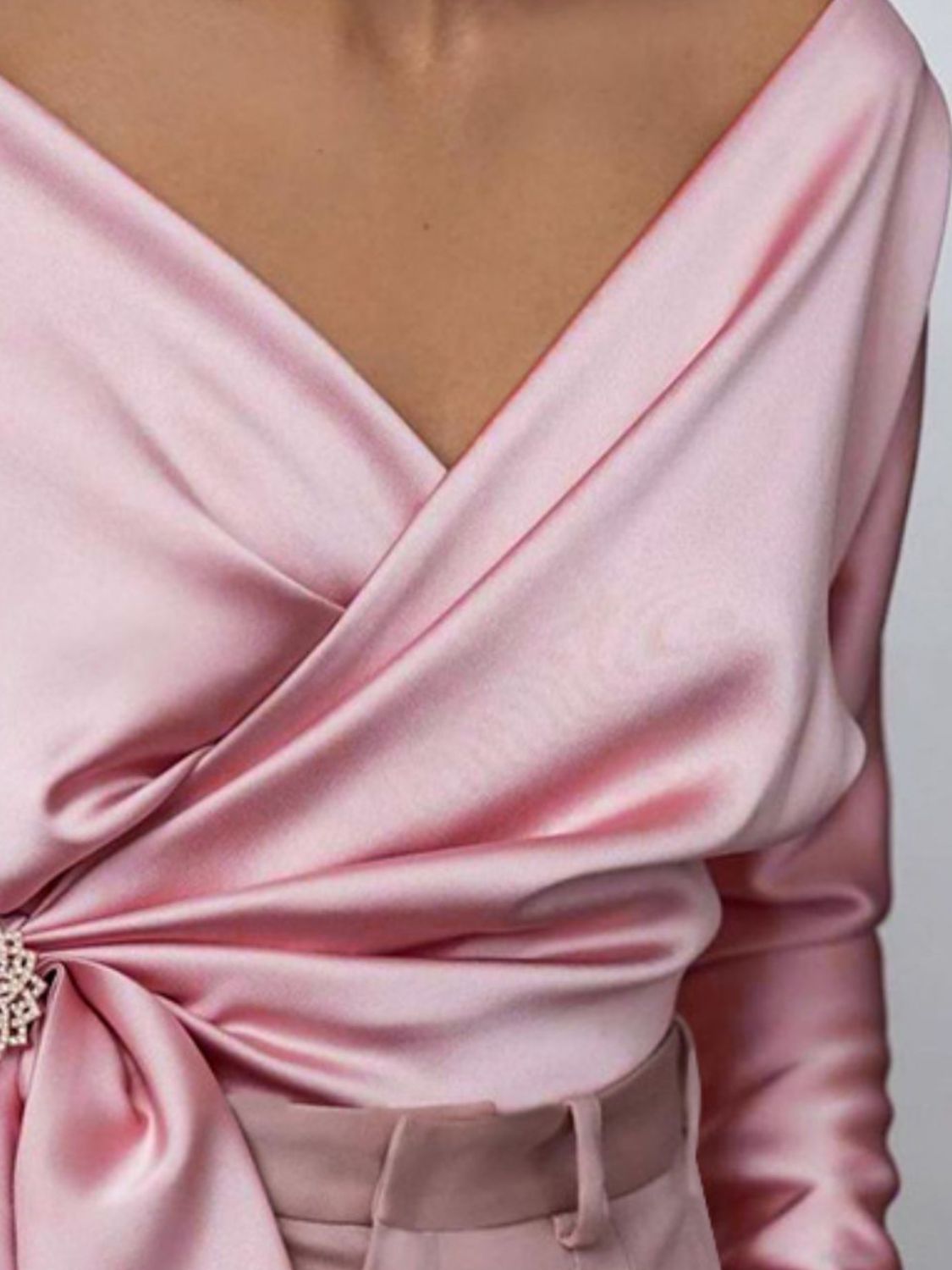 Women's Satin Blouse Surplice Cold Shoulder Long Sleeve Bow Tied Top 6ced48d6-e764-44a1-9880-efebd8643921-Max Trendsi