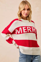 BiBi Christmas Women's Sweater Ivory Red Stripe Merry Lettering Oversized 6cf222b433c844fb8e7a08411906d834-Max-Origin Trendsi