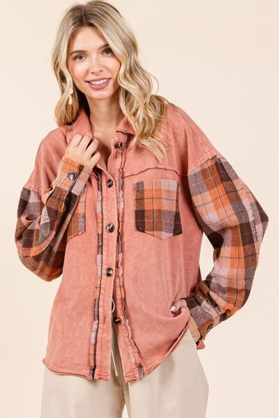 Mittoshop Shirt Button Down Contrast Plaid Patchwork Shacket Long Sleeve 6cf4ddcb-e037-40fe-85f7-2b2d92daa7b5-Min Trendsi