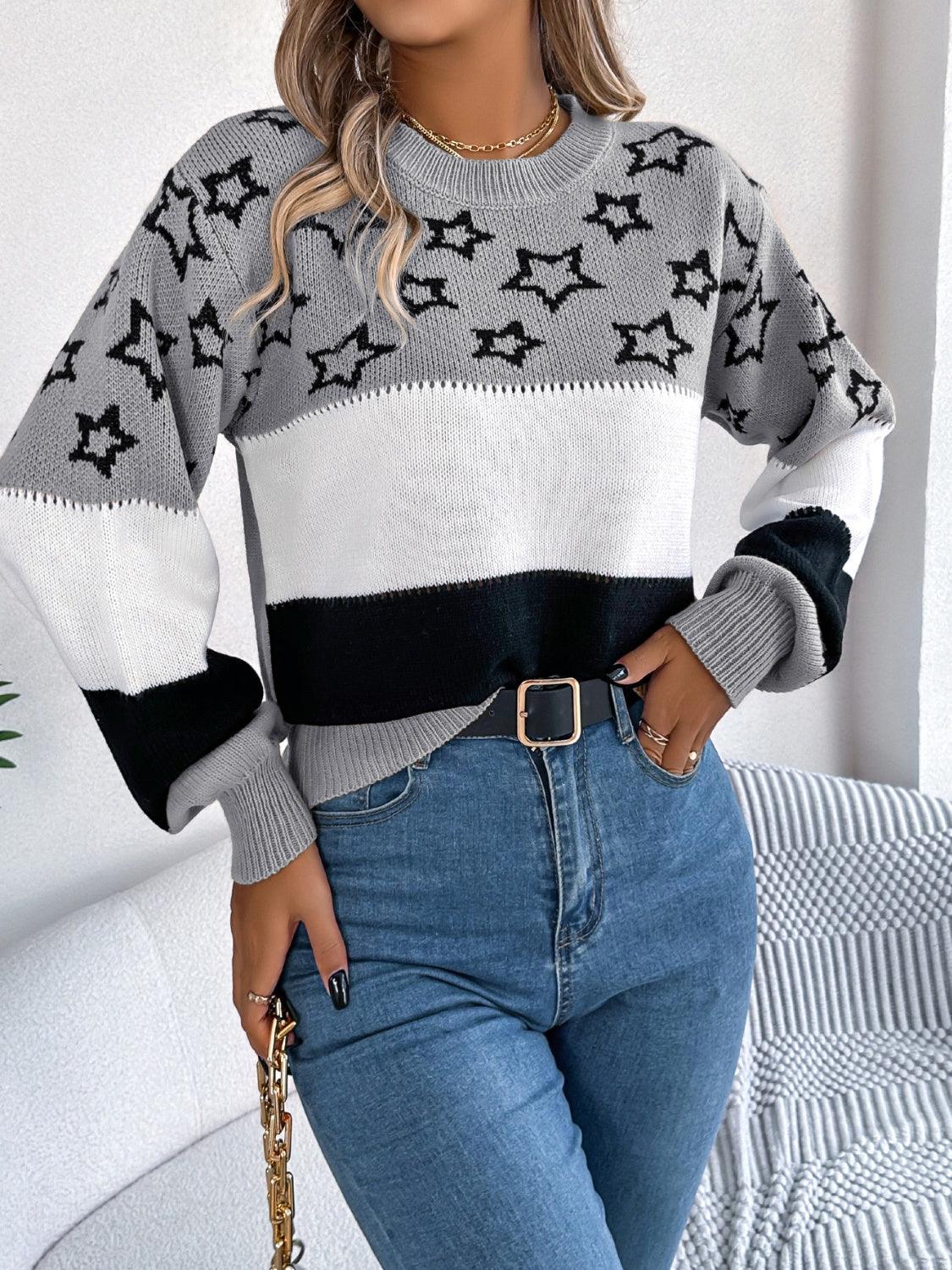 Sweater Star Contrast Round Neck Long Sleeve Knitwear 6cf6a395-14a1-47a9-9819-ed6461f1a3af-Max Trendsi