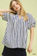 Umgee Women Blouse Blue Striped Notched Top with Short Flutter Sleeves 6d0265bb-3a23-43fc-951c-73d27f192430-Max-Origin Trendsi