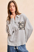 BiBi Womens Gray Stripe Shirt Black Flower Jacquard Knit Patch Pocket Top 6d03e964add6407eb8f48ca82ebdcdc7-Max-Origin Trendsi