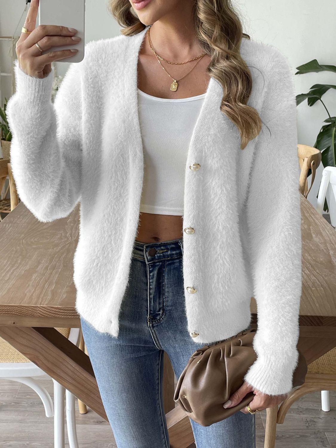 Cardigan Button Up V-Neck Long Sleeve Single Breasted Soft Knitwear White 6d046f39-8468-42ae-bfc9-4a2471dd6400-Max Trendsi