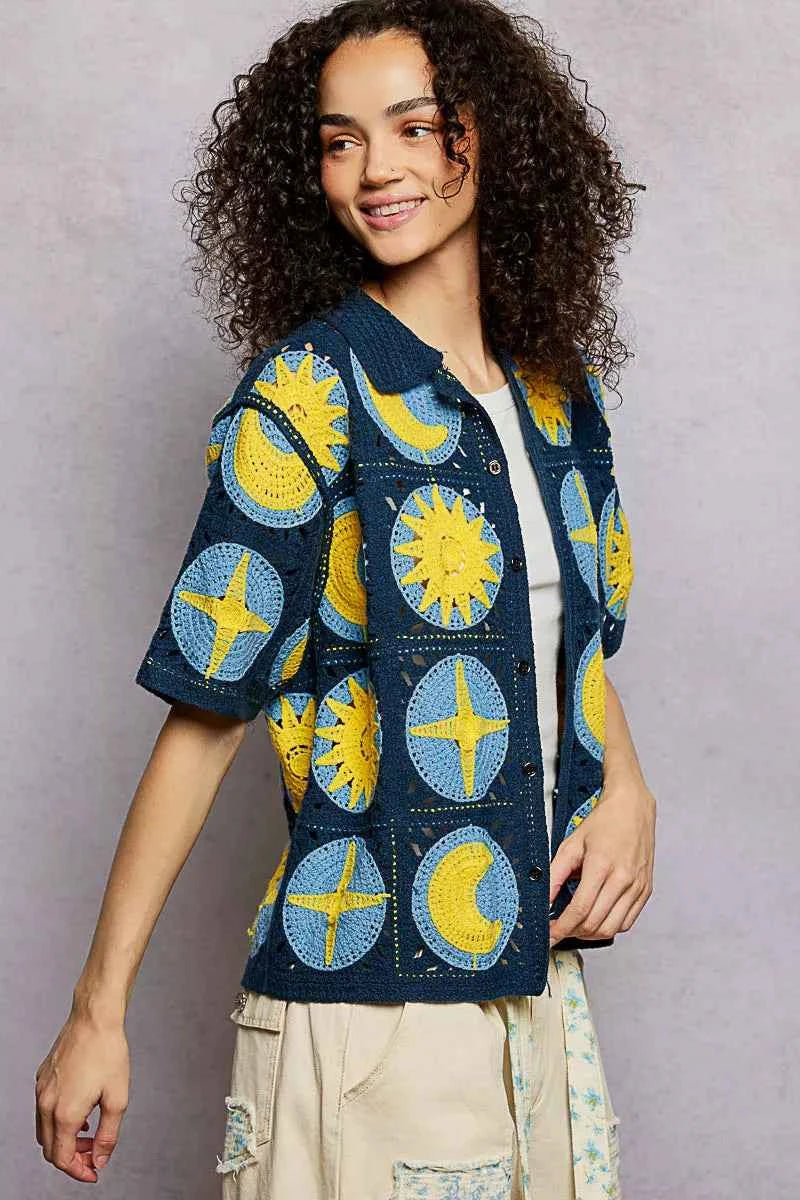 POL Crochet Shirt Navy Multi Openwork Short Sleeve Top 6d084f57-ece5-48f6-a777-3f984b83ebec-Max-Origin Trendsi