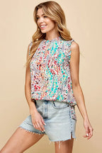 Lime 'N' Chili Top Floral Graphic Print Ruffle Trim Mock Neck Sleeveless 6d0e7480-57e0-4b04-b2b9-54eae1bd2c57-Max-Origin Trendsi