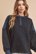 Aemi + Co Sweatshirt Side Slit Button Detail Contrast Shoulder Long Sleeve Dark Navy 6d13e316-875f-469e-b0ec-0a0181062622-Max Trendsi