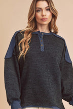 Aemi + Co Sweatshirt Side Slit Button Detail Contrast Shoulder Long Sleeve Dark Navy 6d13e316-875f-469e-b0ec-0a0181062622-Max Trendsi