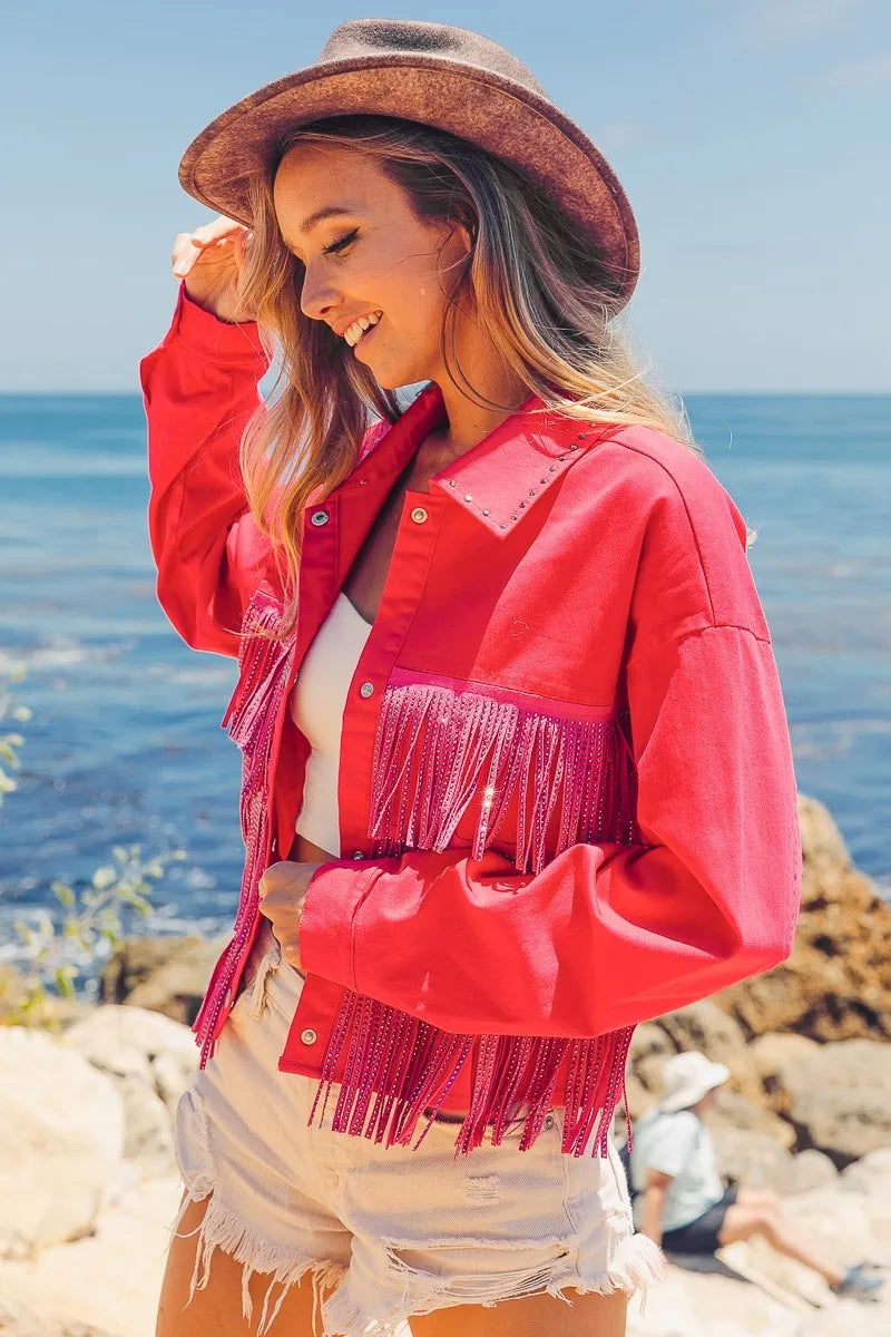 BiBi Jacket Rhinestone Fringe with Studed Collar Tasseled Fuchsia Pink 6d14bd5f13d347ad994f7c0d592ab86b-Max-Origin Trendsi