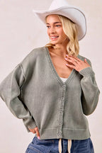 BiBi Womens Cardigan Cotton Washed Sweater Olive V Neck Basic Style 6d1b6a86baf34c7f8f2dd499a43e9919-Max-Origin Trendsi