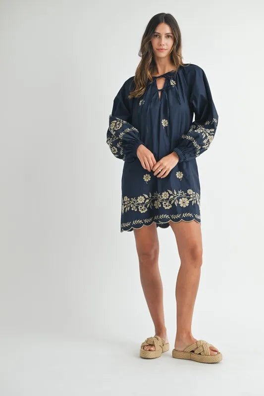 MABLE Mini Dress Navy Floral Embroidered Long Sleeve Peasant Tied 6d287d018fa54c8eb0aad823c69cae4e-Max-Origin Trendsi