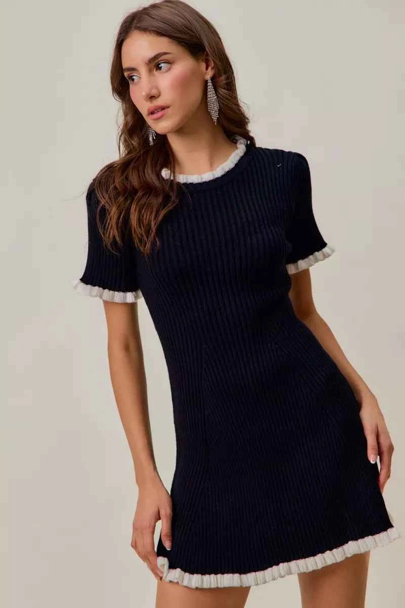 SO ME Contrast Ruffled Sweater Knit Mini Dress