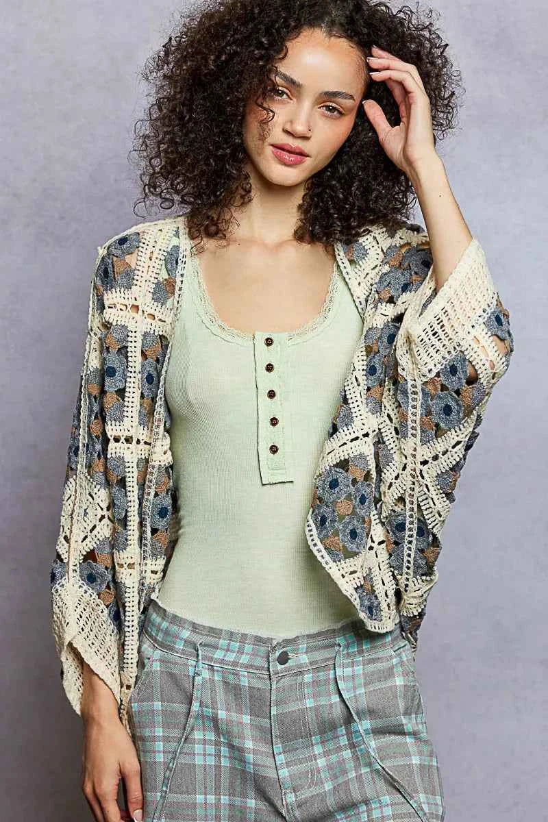 POL Crochet Cardigan Charcoal Multi Floral Open Front Knit Top CHARCOAL MULTI One Size 6d5a2e00-810f-4b75-970b-b455b97193a5-Max-Origin Trendsi