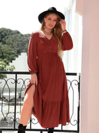 Plus Size Quarter-Button V-Neck Long Sleeve Dress