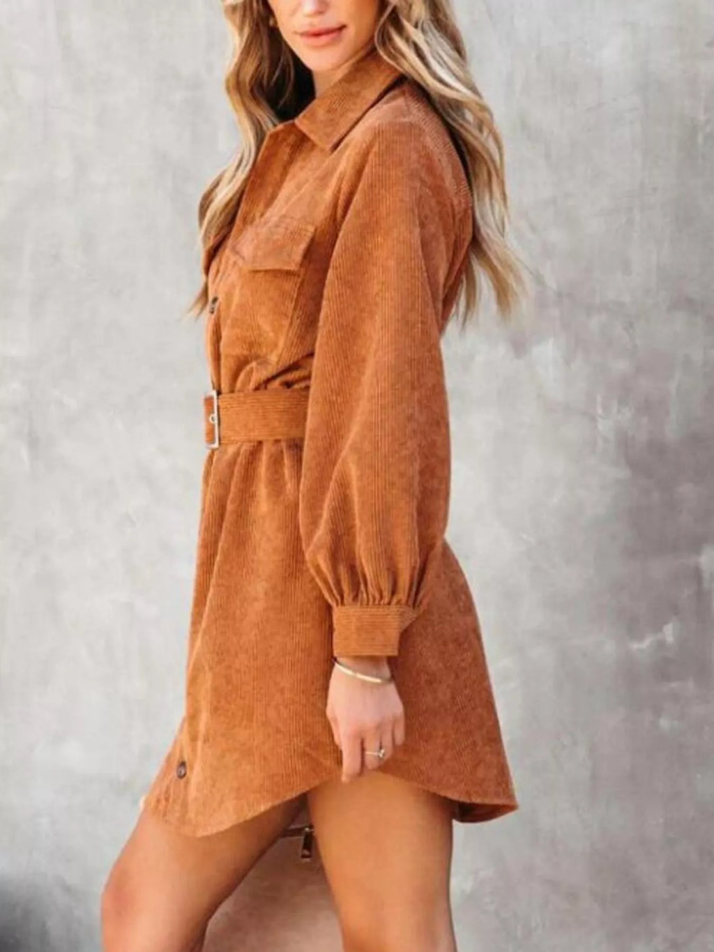Corduroy Mini Shirt Dress Button Front Belt Long Sleeve 6d6ac7a9-21fc-4f09-b49a-f140cd23ef92-Max-Origin Trendsi