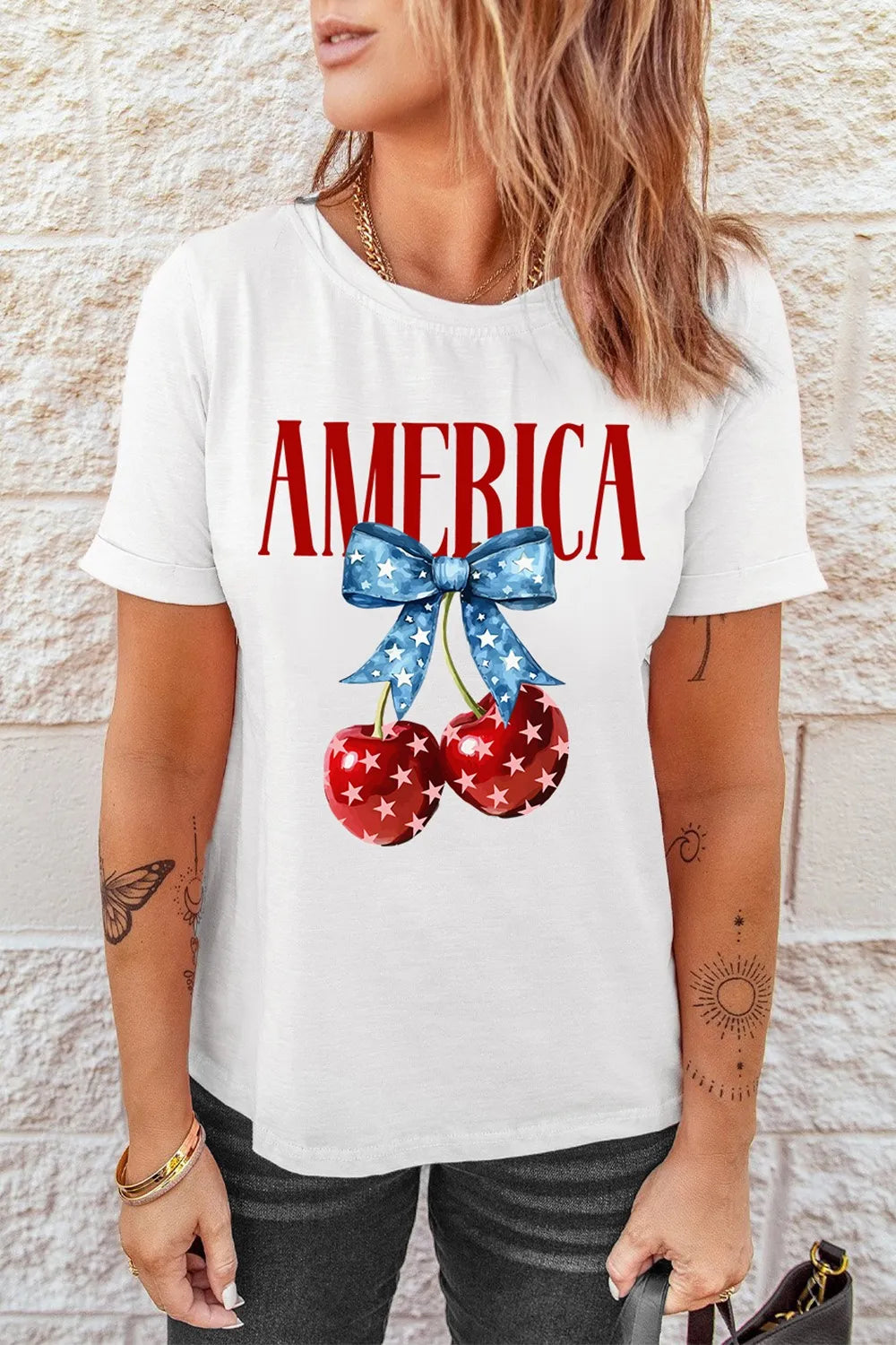 Women's T Shirt AMERICA Bow Cherry Crewneck Short Sleeve White Top 6d7ec968-8e60-4184-ab0a-99bf9ba6ebe6-Max-Origin Trendsi