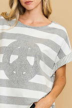 Umgee USA Women T-Shirt Gray Peace Sign Patch Striped French Terry Top 6d841310-65db-45b6-8072-97ca8fbc4ab0-Max Trendsi