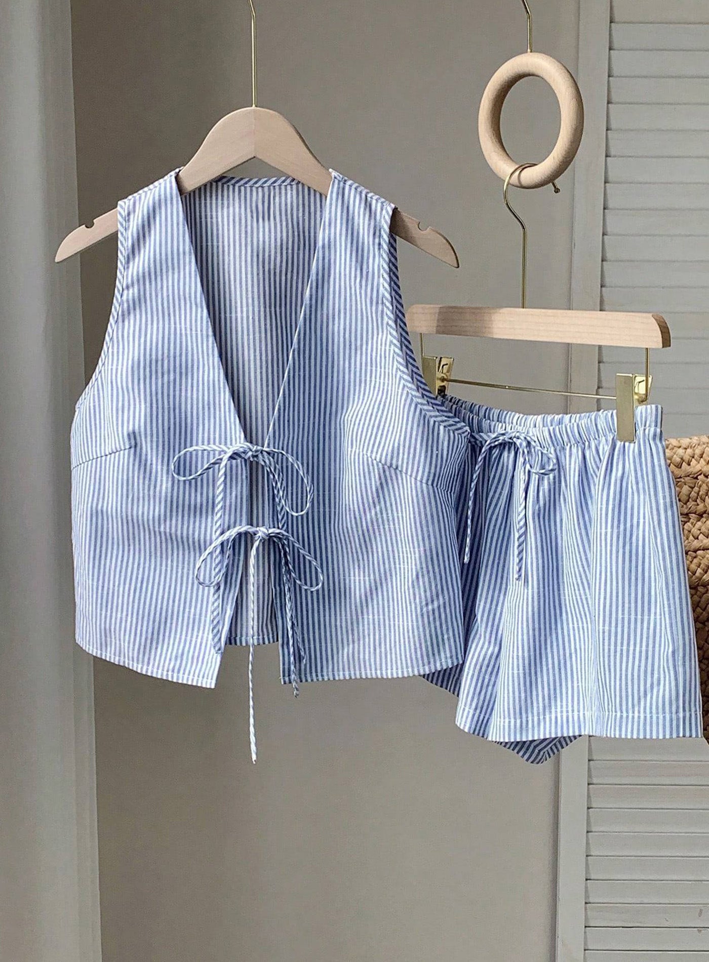 Striped Tie-Front Vest and Shorts Two-Piece Set