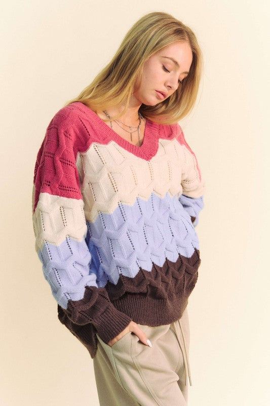Davi & Dani Wavy Texture Sweater Color Block V-Neck Openwork Knit Pullover