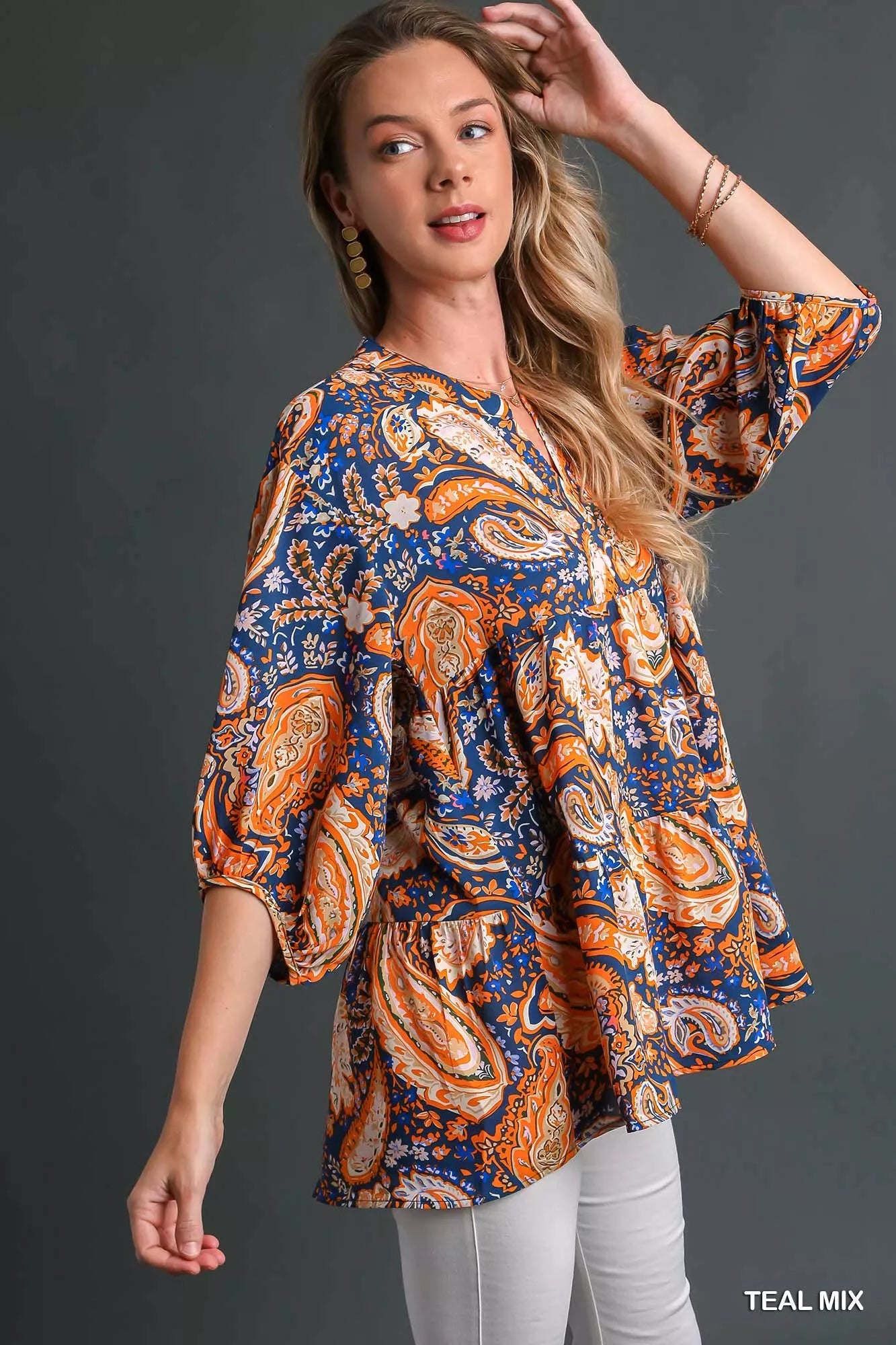 Umgee Women's Tunic Blouse Mix Paisley Boho 3/4 Sleeve Top 6d980fcc-7eb3-4458-9bfa-4b49e390d7e5-Max-Origin Trendsi