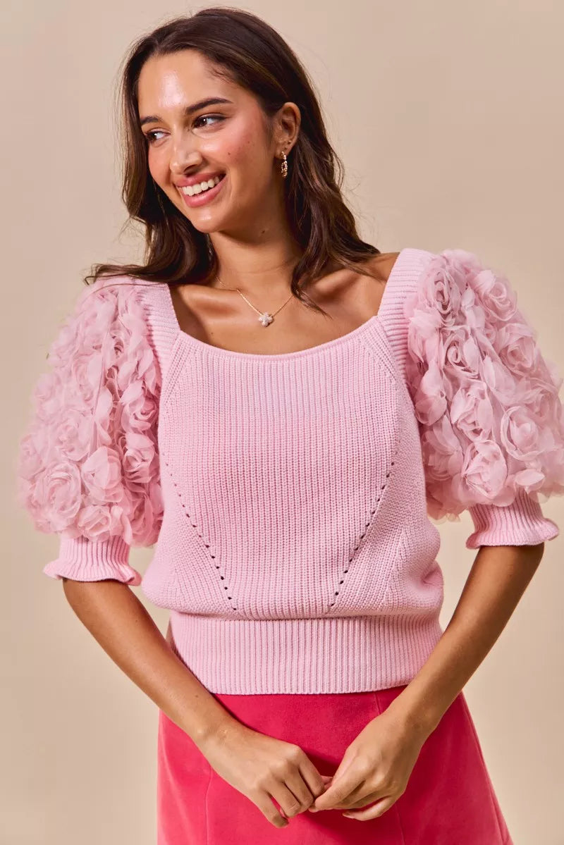 SO ME Rosette Sleeves Blouse Square Neck Sweater Knit Top Light Pink 6dafb8f9-4854-481b-b67f-68533eecd84b-Max-Origin Trendsi