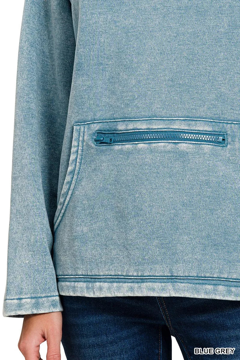 Zenana Women's Sweatshirt Fleece Blue Gray Washed High Neck Kangaroo Pocket 6dc10b9d02de47e290a91d67b97faf06-Max-Origin Trendsi