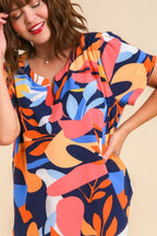 Umgee Top Colorful Dark Navy Abstract Print Short Sleeved Ruched Blouse 6dc3ab5a-2e40-4a57-baad-5349e9573efe-Max Trendsi