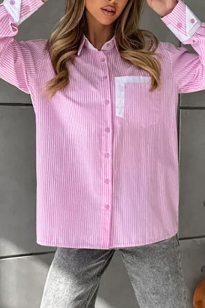 Striped Pink Shirt Women's Collared Patch Pocket Long Sleeve Casual Top 6dc3c8cb-bab2-4ddd-8a6f-18b3a0562977-Min Trendsi