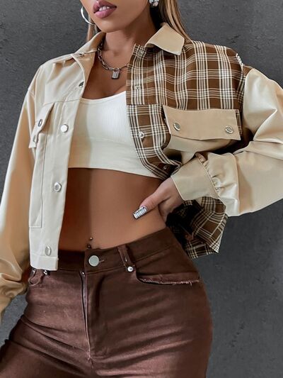 Plaid Wome's Jacket Cropped Color Block Beige Snap Down Flap Pockets Long Sleeve 6dc49285-3924-497c-af97-92d7a04bd96b-Min Trendsi