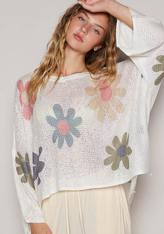 POL Women Knit Top White Flower Long Sleeve Oversized High Low Sweater White 6dc7101c-f77c-472f-b419-ce89506fc73c-Max Trendsi