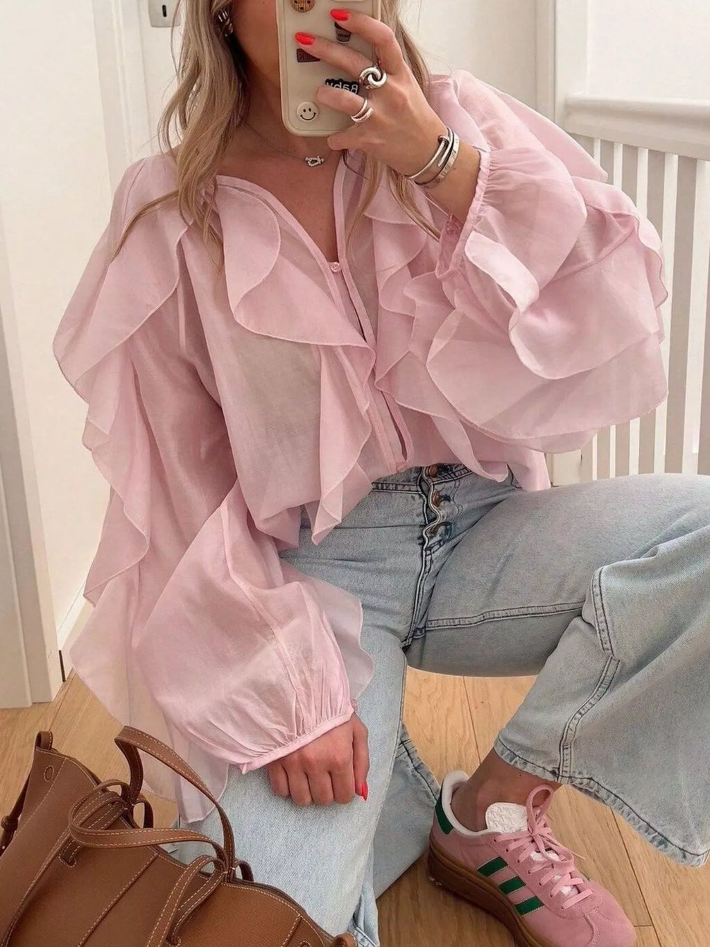 Womens Blouse Ruffled Layered Sheer Long Sleeve Top Pink 6dcf077a-3892-4423-97e3-b572b43d6851-Max-Origin Trendsi