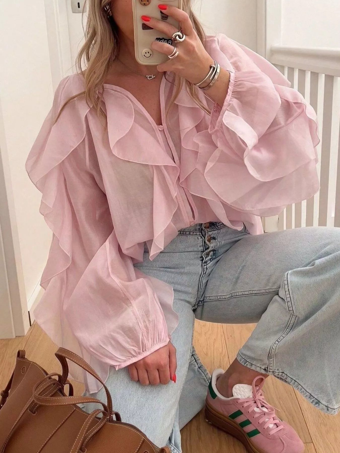 Womens Blouse Ruffled Layered Sheer Long Sleeve Top Pink 6dcf077a-3892-4423-97e3-b572b43d6851-Max-Origin Trendsi