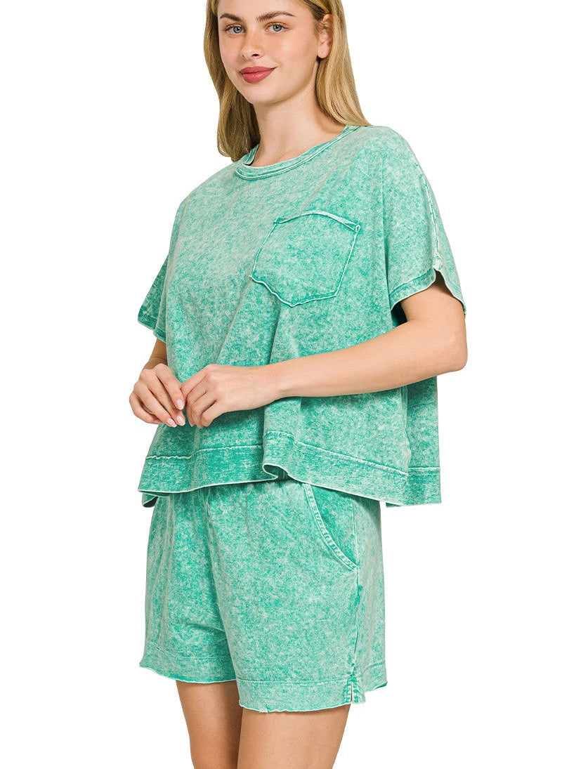 Zenana Halo Snow Washed Boxy Top & Shorts Set