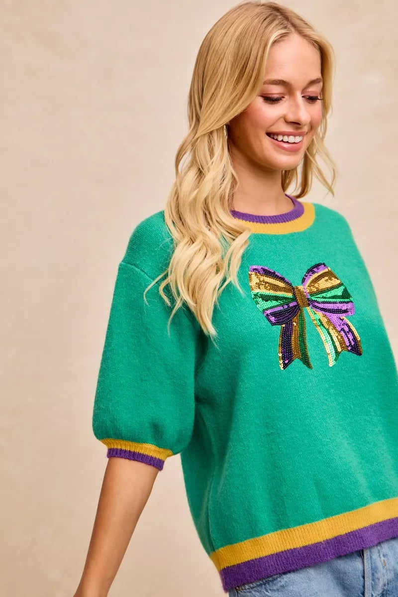 BiBi Sweater Green Mardi Gras Sequin Ribbon Patched Short Sleeve 6dcf547a79c84e35a50a3f868ce4a823-Max-Origin Trendsi
