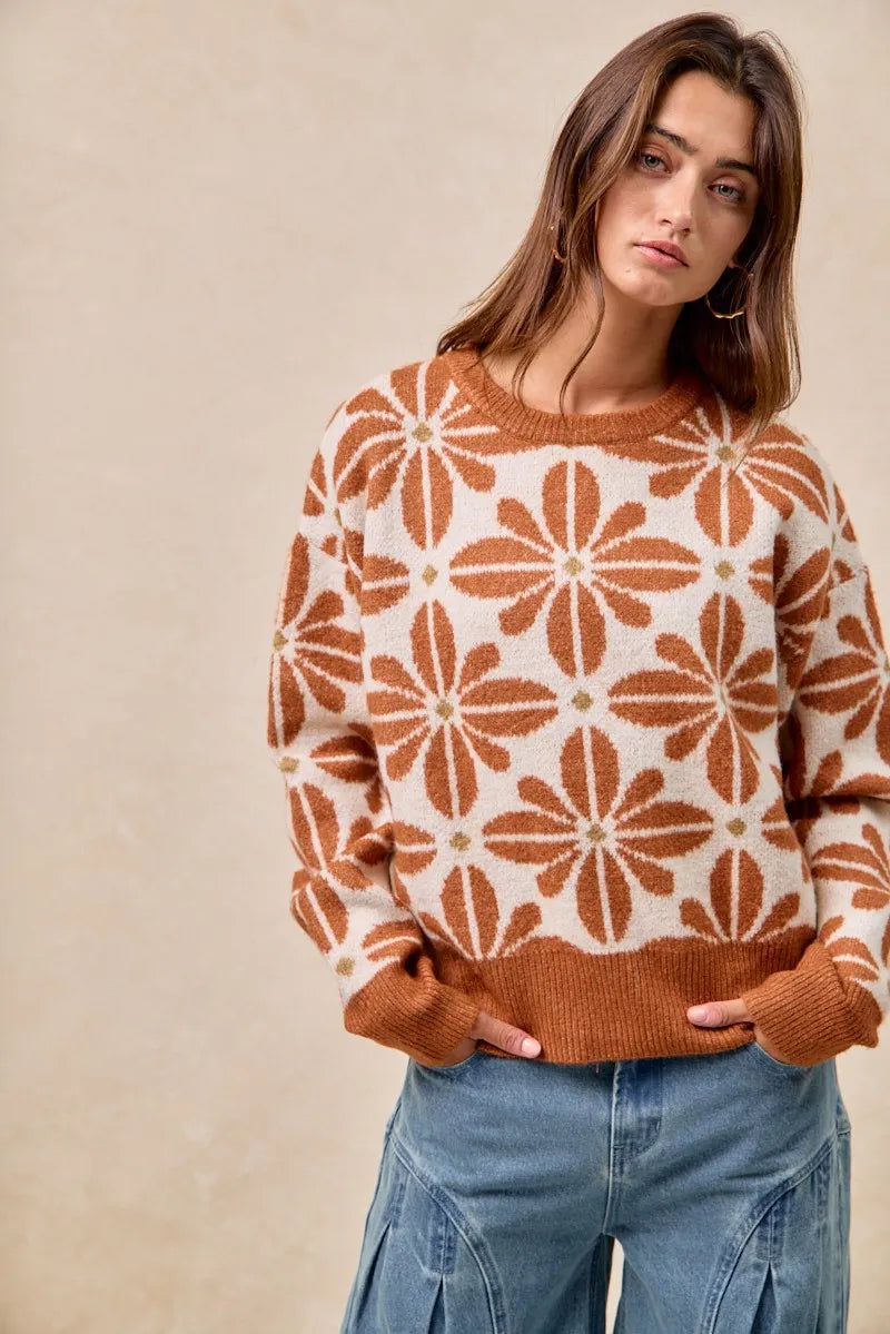 BiBi Sweater Women's Flower Pattern Rust Ivory Long Sleeve Knit Pullover 6dd95e50e5c543a7b5b95423eae8d72e-Max-Origin Trendsi