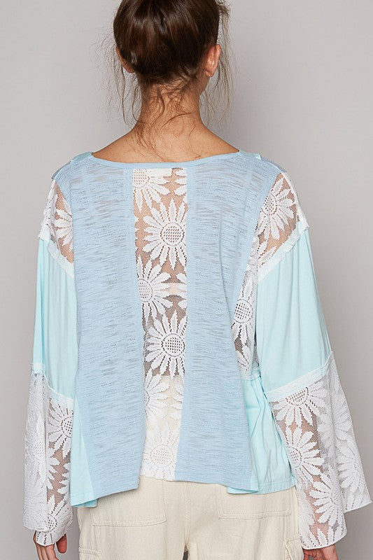 POL Blouse Powder Blue Floral Lace Detail V-Neck Flare Long Sleeve Top