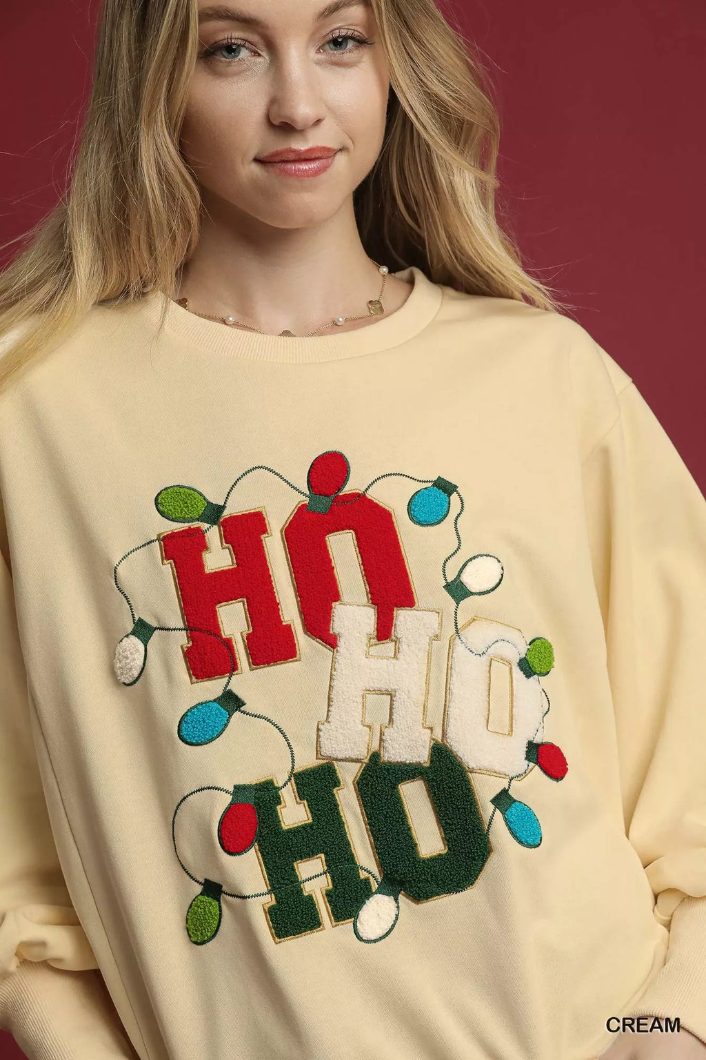 Umgee Christmas Sweatshirt HO HO Applique French Terry Cream Top 6de338b5-c450-42ae-a5d5-672c6b8a06e9-Max-Origin Trendsi