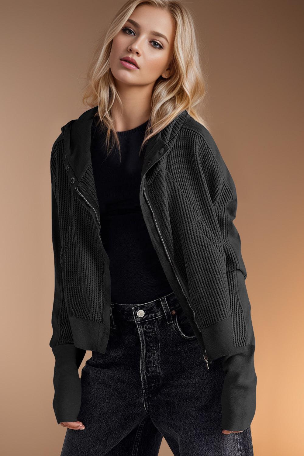 Double Take Hooded Jacket Waffle-Knit Zip Up Long Sleeve Black 6de98a00-2807-4819-99a9-544f96249ab0-Max Trendsi