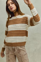 SO ME Women Sweater Openwork Textured Wide Stripe Cream Taupe Pullover 6dea0ba55fc34067a24e47062b3934f1-Max-Origin Trendsi