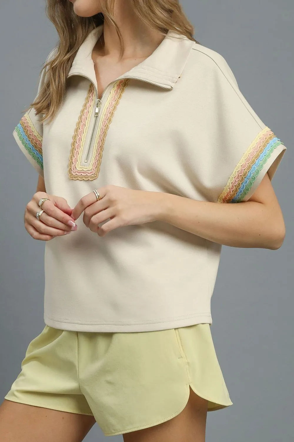 Umgee Blouse Beige Contrast Trim Half Zip Collared Short Sleeve Top 6dfa22ee-30b1-4674-94e6-cde6e6ec5d5d-Max-Origin Trendsi