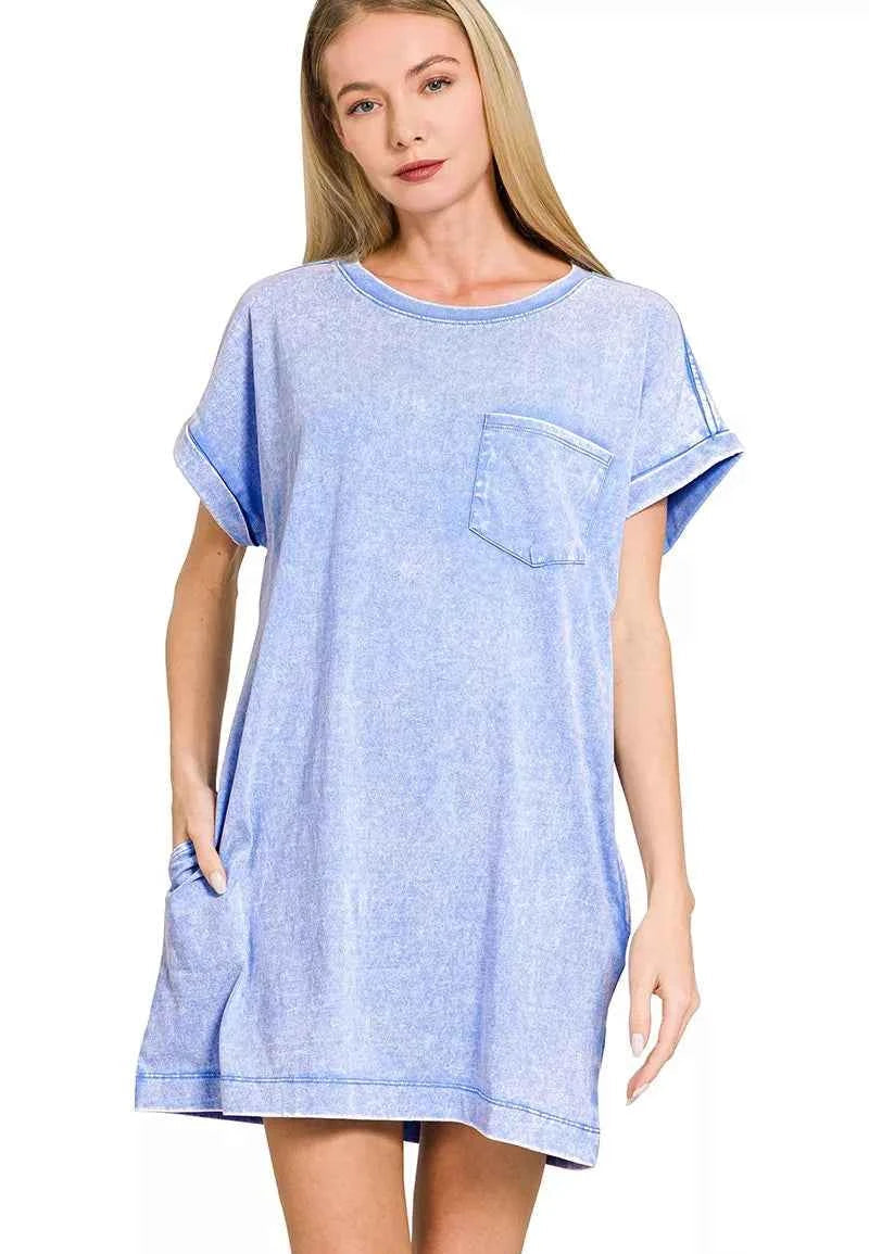 Zenana Premium T-Shirt Dress Blue Cotton Washed Short Sleeve with Pocket CORNFLOWER BLUE 6dfce6a9e2e64ff4afd42932035b2fa8-Max-Origin Trendsi