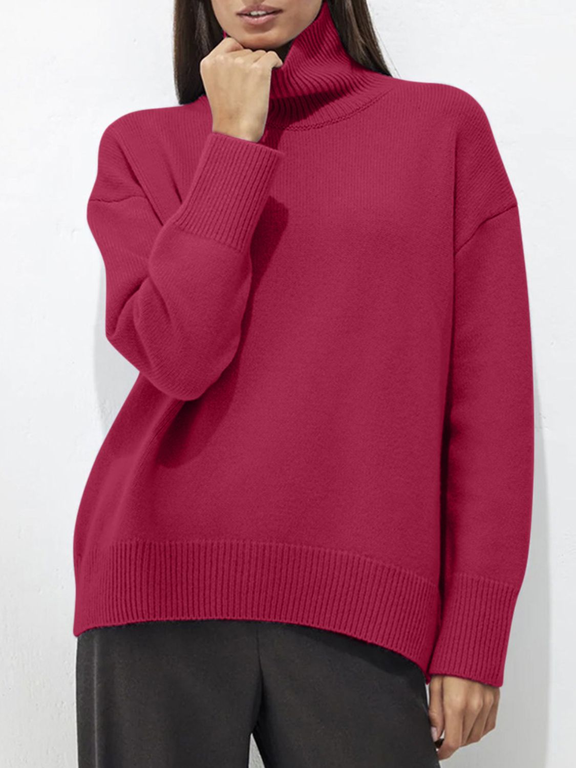 Turtleneck Women Sweater Basic Solid Oversized Long Sleeve Soft Knit Acrylic Cerise One Size