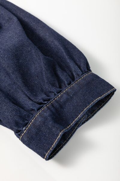 Denim Shirt Dress Collared Neck Half Zip Short Puff Sleeve Ruffled 6e01909b-6d33-45ef-9783-6468f77dd731-Min Trendsi